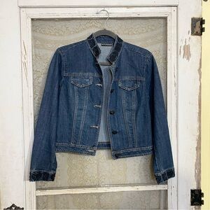 Petite Sophisticate Jean Jacket 90s Y2K Crop Beaded Floral Boho Chic Sz XS Denim